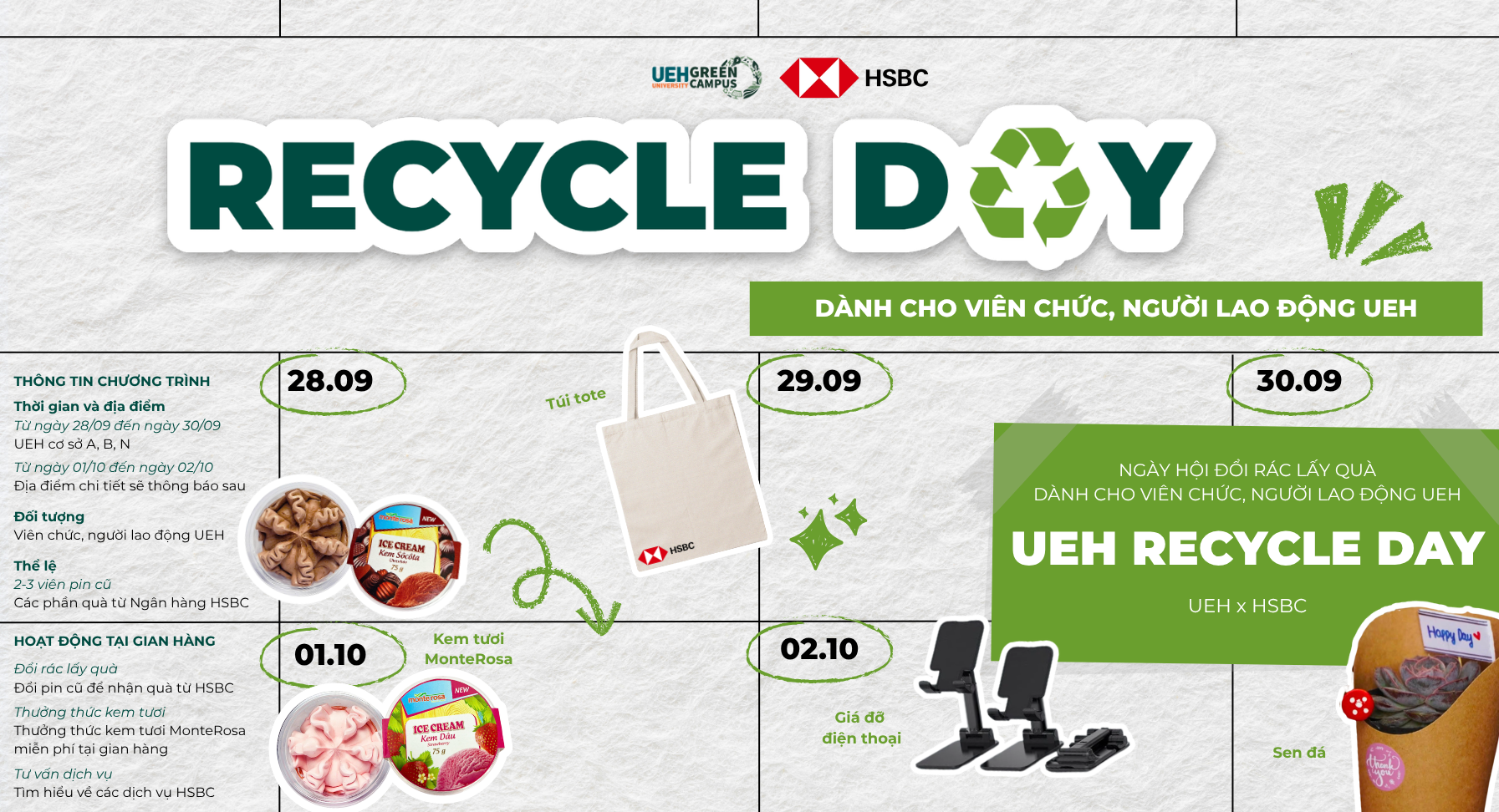 [UEH Recycle Day] “UEH x HSBC” Gian hàng đổi rác lấy quà dành cho Viên chức, người lao động UEH Tháng 9/2026 - Phủ xanh văn phòng